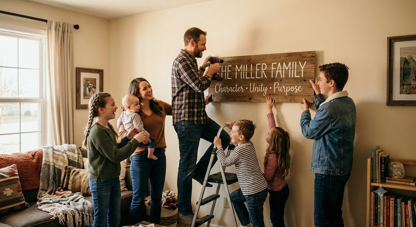 A family hanging a wooden family-name sign that reads Character, Unity, Purpose