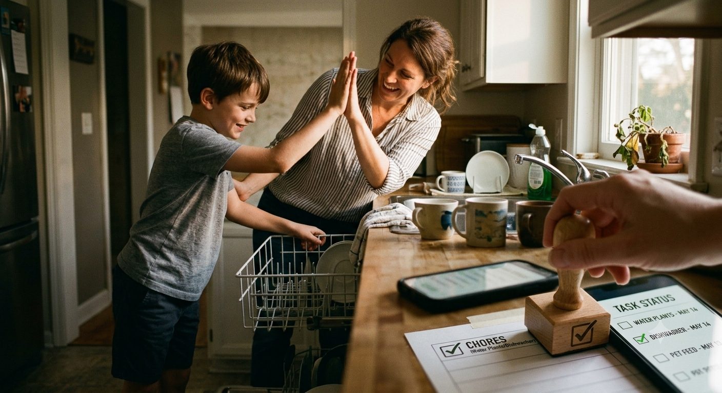 A boy and his mom high-fiving in the kitchen after finishing chores