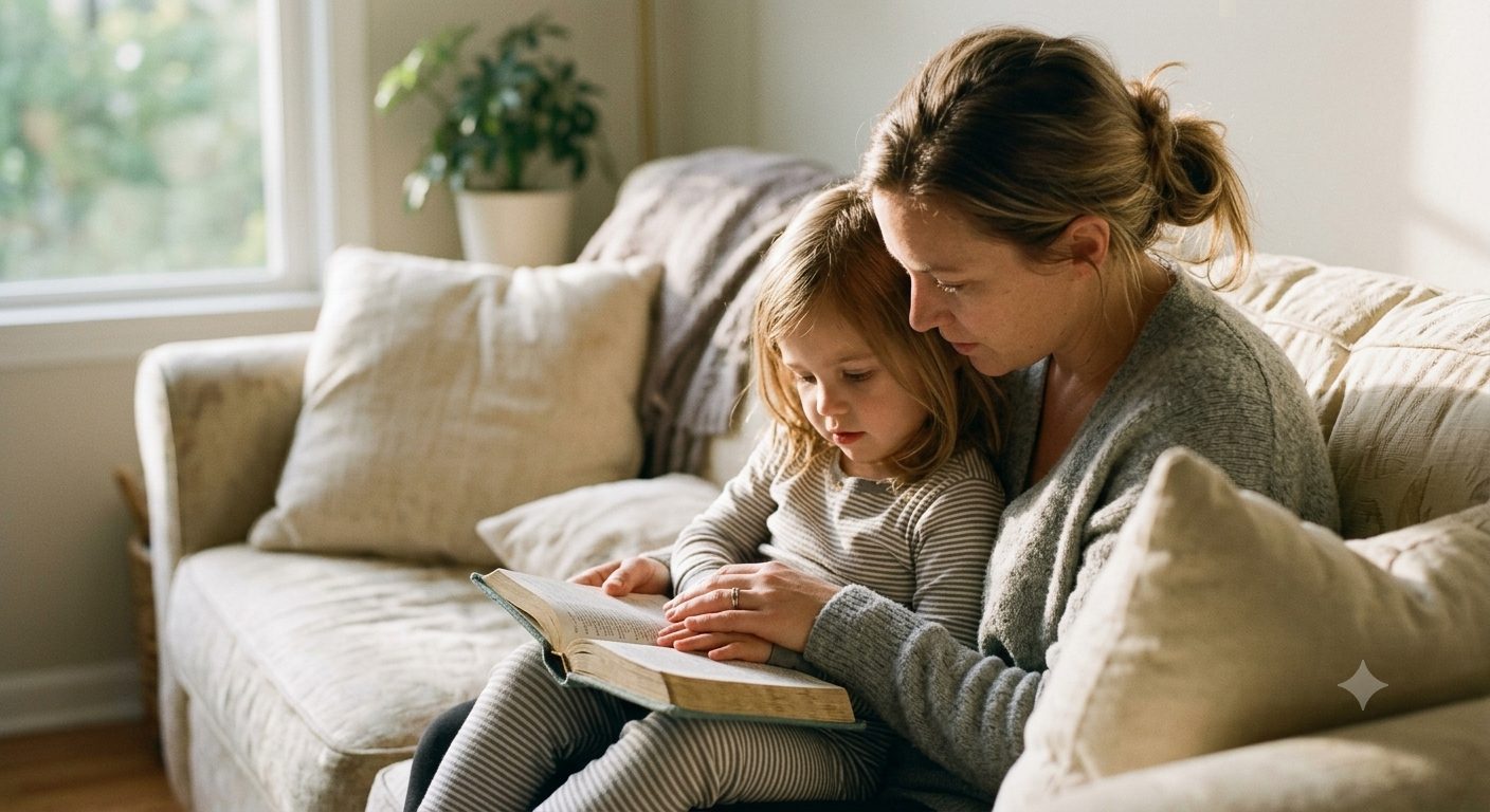A mother and young child reading a devotional together on the couch