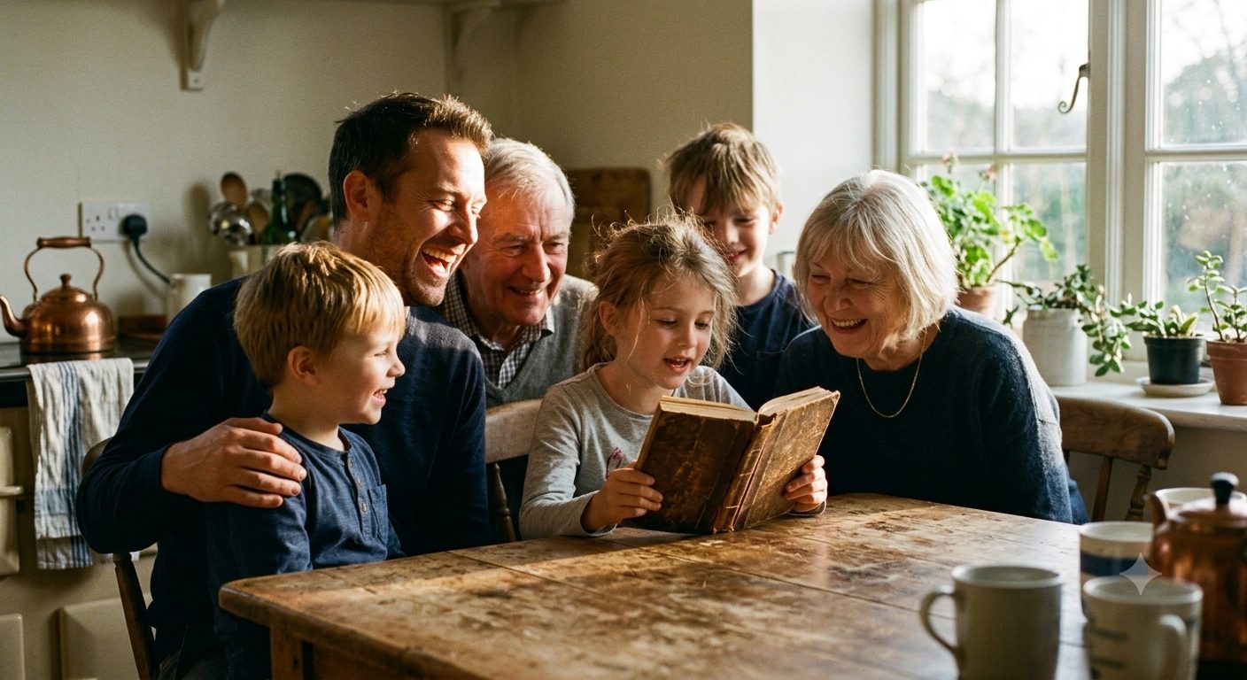 Three generations of a family reading a worn book together at the kitchen table