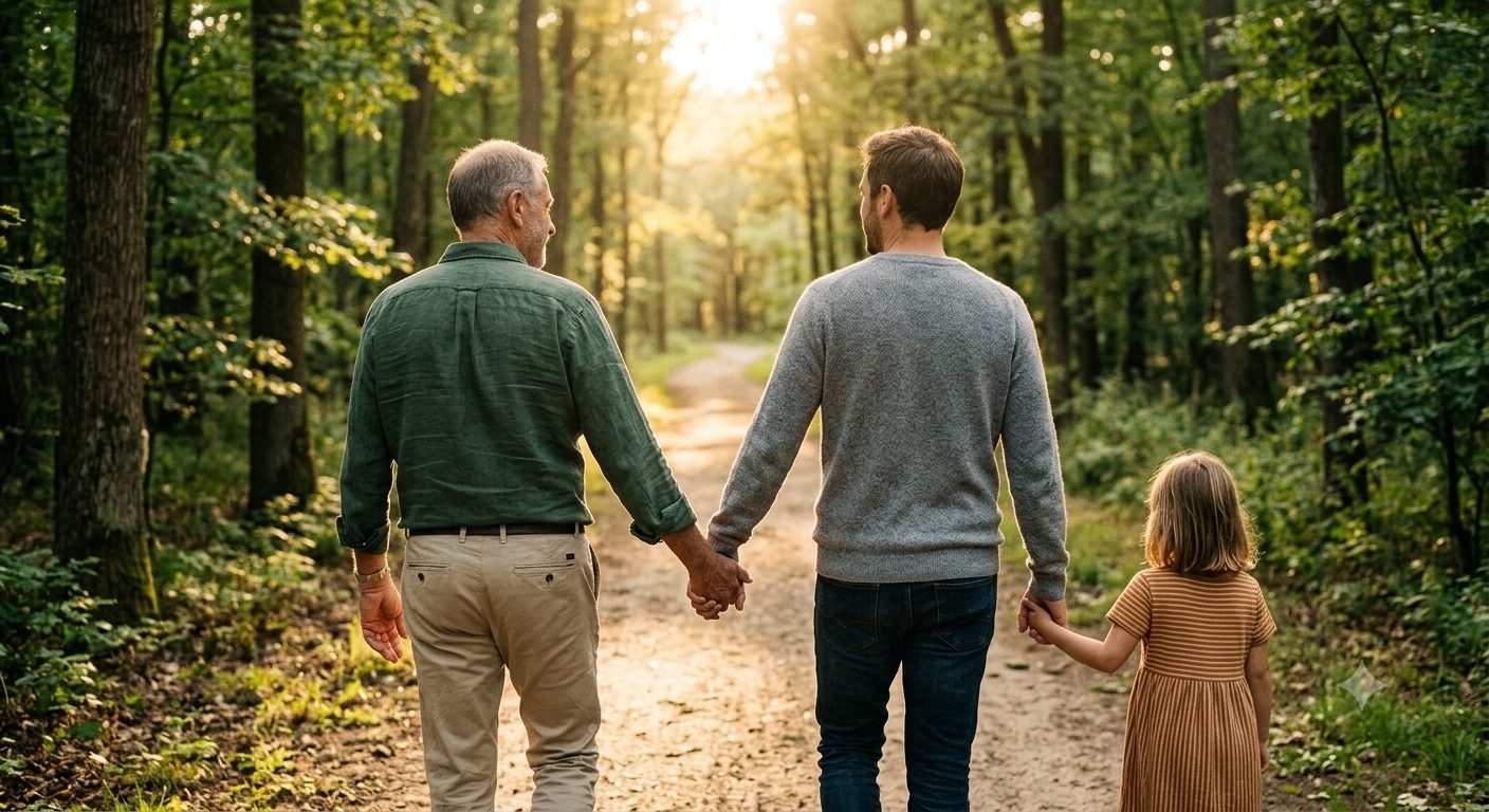 A grandfather, father, and young daughter walking hand in hand down a sunlit forest path