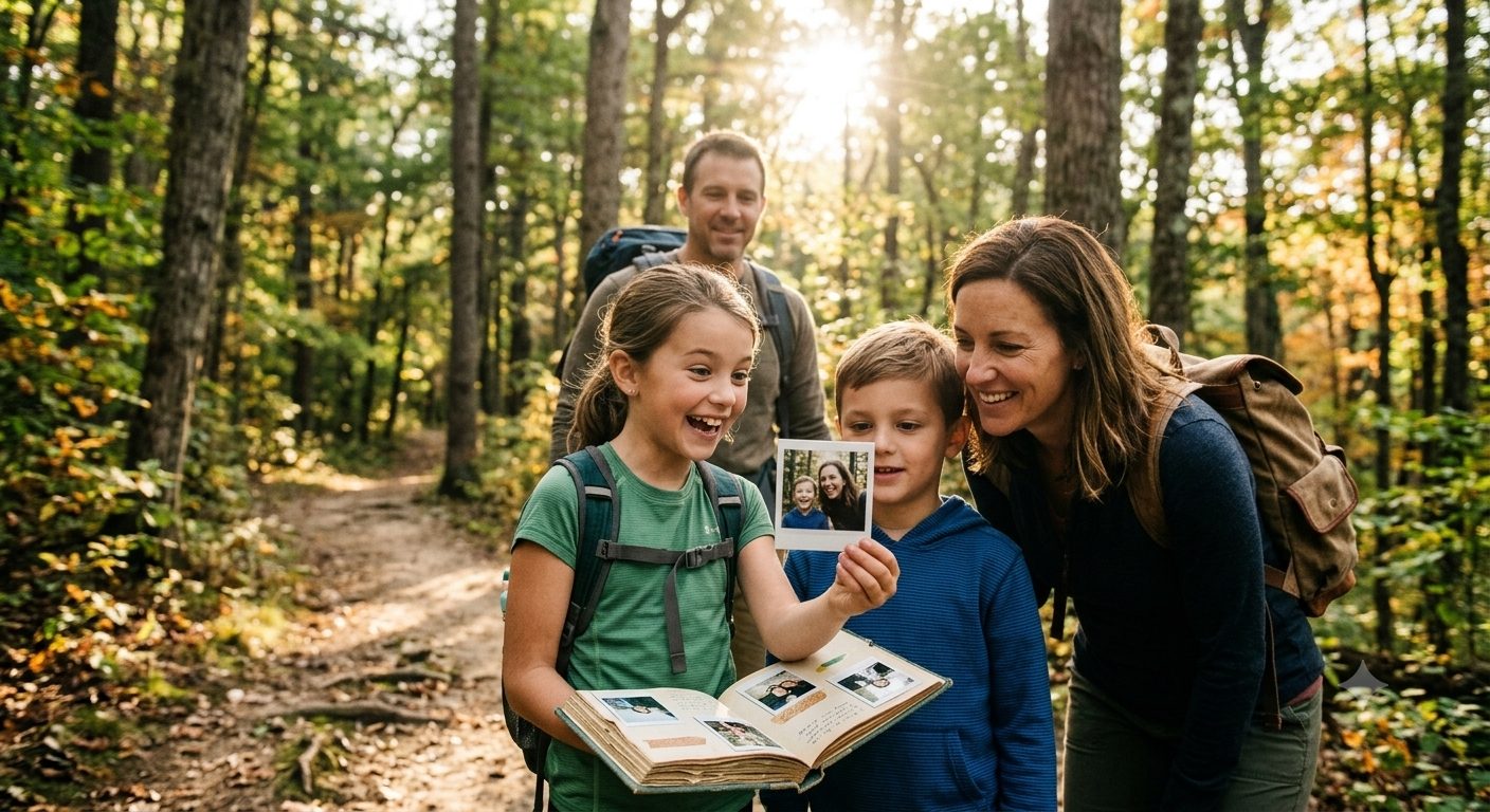 A family on a forest hike, the kids smiling at a trip scrapbook